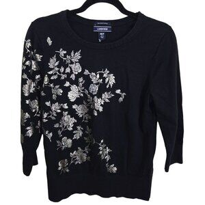 Lands' End Black Silver Floral Foil Sweater 100% Supima Cotton Size M